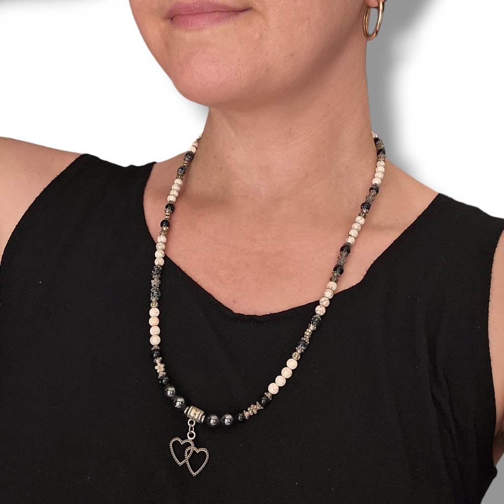 Vintage Gemstone Bead Necklace Howlite Marble Hematite Onyx Daisies Boho Fairy 8$